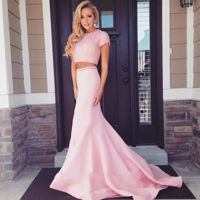 Pearl beaded short sleeves long pink 2 piece prom dresses mermaid prom dresses two pieces prom dress graduation dresses party dress