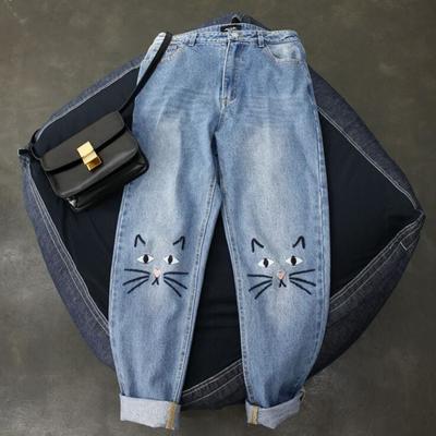 Cat face embroidery jeans - Thumbnail 5