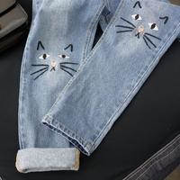 Cat Face Embroidery Jeans - Thumbnail 4
