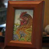 "Chicken with Aster and Goldenrod" Mini Framed Ink & Watercolor Painting - Thumbnail 1