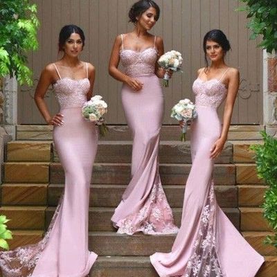 Mermaid spaghetti straps blush pink bridesmaid dress