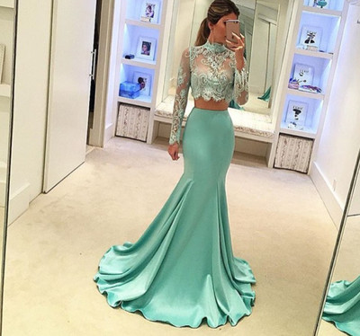 Stylish mermaid lace 2 pieces prom dresses ,long sleeve lace evening dresses