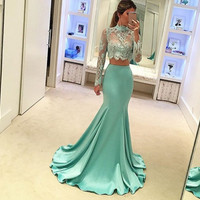 Stylish mermaid lace 2 pieces prom dresses ,long sleeve lace evening dresses - Thumbnail 1