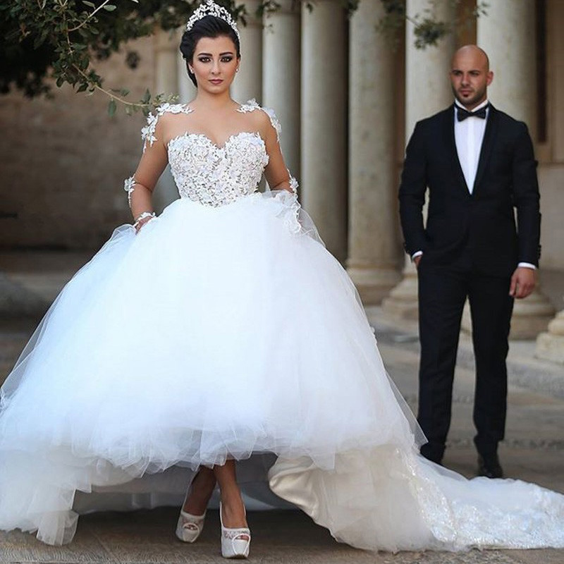 Luxurious Scoop Neck Illusion Wedding Dress, White Covered Buttons Ball