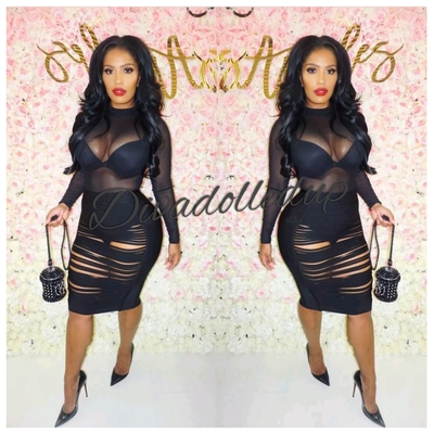 Black Sheer Shredded Dress 2 Pc