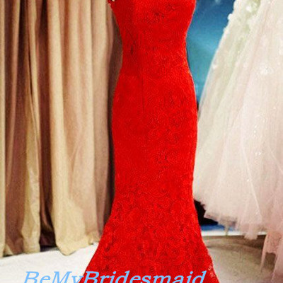 Elegant red lace halter prom dresses, long red prom dresses, party gowns