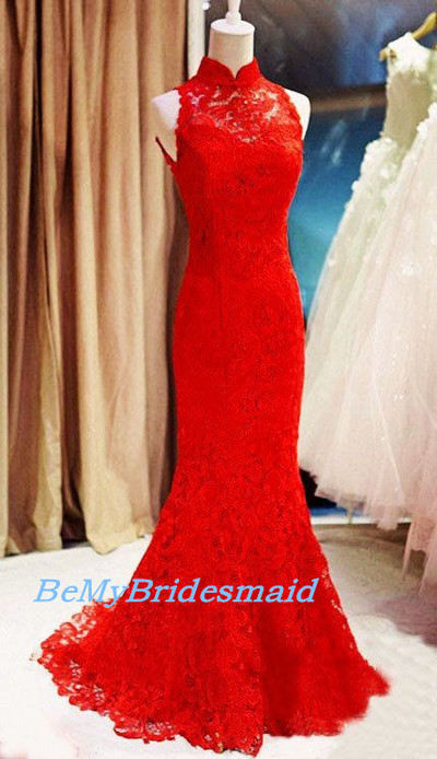 Elegant Red Lace Halter Prom Dresses, Long Red Prom Dresses, Party Gowns
