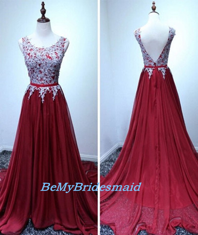 Burgundy Long Tulle Prom Dress with Lace Applique, Prom Gowns, Burgundy Evening Gowns