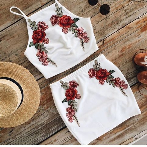 White Embroidered Two Piece Rose Set