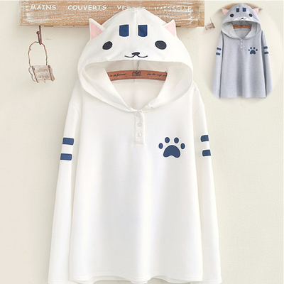 White/grey kawaii cat printing hoodie jumper sp168176