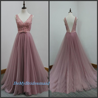 Lovely Handmade Tulle Long V-neckline Beaded Backless Prom Dresses, Long Prom Dresses, Tulle Evening Gowns