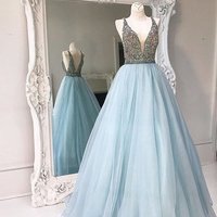  Unique V-neck tulle sequin beading long prom gown,evening dresses - Thumbnail 1