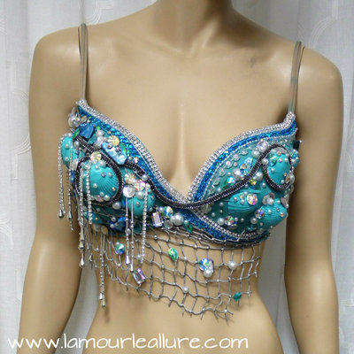 Turquoise shell mermaid bra top cosplay dance costume rave bra rave wear halloween burlesque show girl - Thumbnail 4