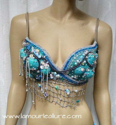 Turquoise Shell Mermaid Bra Top Cosplay Dance Costume Rave Bra Rave Wear Halloween Burlesque Show Girl
