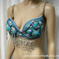 Turquoise Shell Mermaid Bra Top Cosplay Dance Costume Rave Bra Rave Wear Halloween Burlesque Show Girl - Thumbnail 1