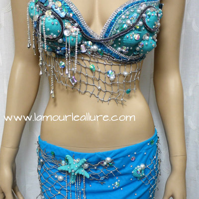 Turquoise shell mermaid bra top cosplay dance costume rave bra rave wear halloween burlesque show girl - Thumbnail 4