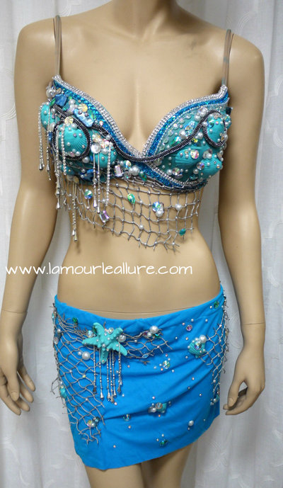 Turquoise Shell Mermaid Bra Top Cosplay Dance Costume Rave Bra Rave Wear Halloween Burlesque Show Girl