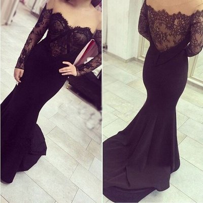 Custom Made Charming Black Prom Dress,Lace Evening Dress,Long Sleeves Party Dress,2017 prom dress