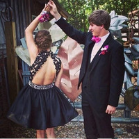 Black lace short graduation dress ,homecoming dresses - Thumbnail 1