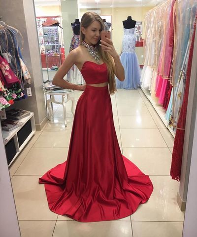 Stylish red 2 pieces beading long prom gown,evening dresses