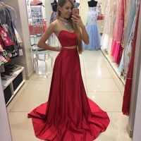 Stylish red 2 pieces beading long prom gown,evening dresses - Thumbnail 1