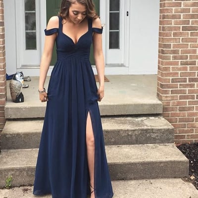 Simple dark blue chiffon long prom dress,evening dress - Thumbnail 5