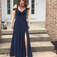 Simple dark blue chiffon long prom dress,evening dress - Thumbnail 1