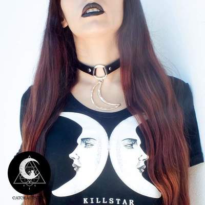 Moon black vegan leather choker