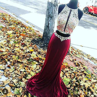 Burgundy two piece  beading  prom dresses ,long  evening dresses