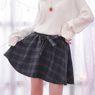 College wind grid skirt with bowknot