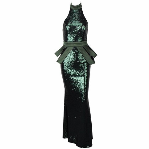 Green Sequined Halter Maxi Dress