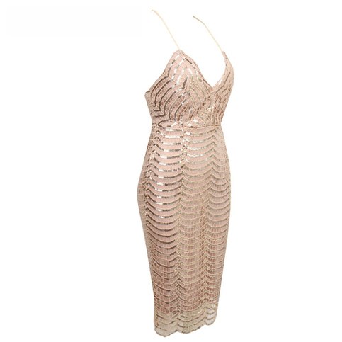 Metallic Bodycon Sequined V-Neck Dress