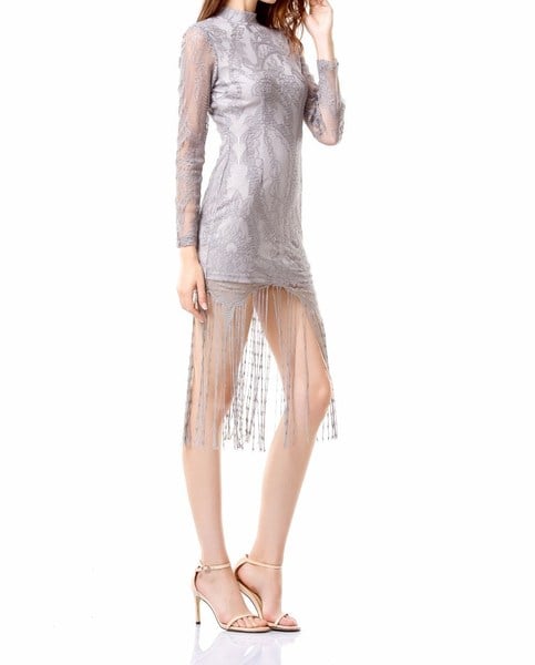 Gray Lace Symmetric High Neck Dress