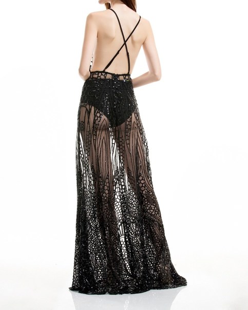 Black Geometry Sequined Maxi Slit Dress