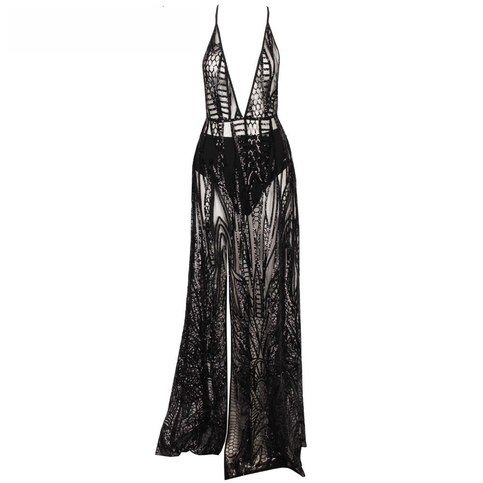 Black Geometry Sequined Maxi Slit Dress
