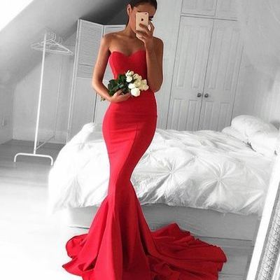 Mermaid red strapless long prom dress,evening dress