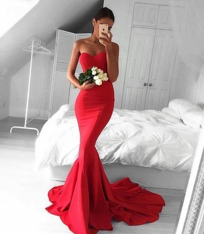 Mermaid red strapless long prom dress,evening dress