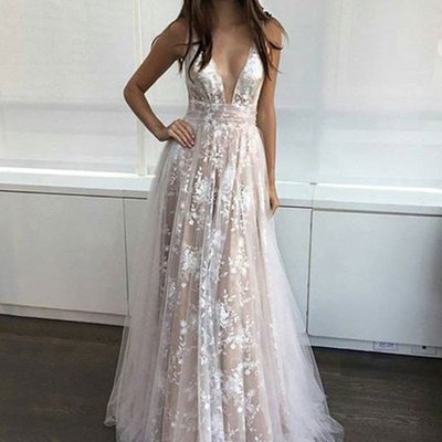 Sexy deep v-neck lace long  prom dresses, evening dress with trian - Thumbnail 5