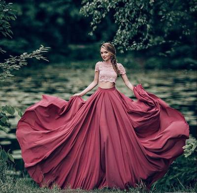 Amazing burgundy 2 pieces lace long prom gown,formal dress