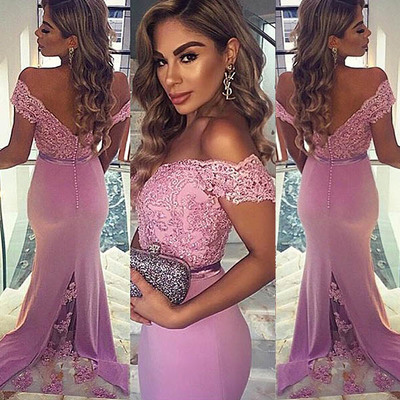  Pink mermaid off shoulder long prom dress,formal gown