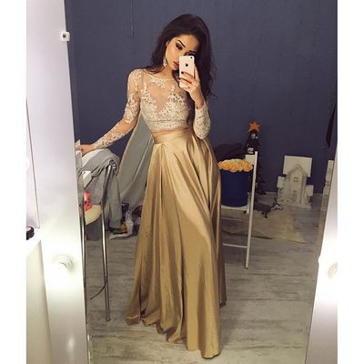 Two piece long sleeve top with lace long prom dress,formal dress