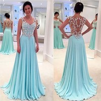 Popular blue A-line chiffon long prom dress,wedding dress - Thumbnail 1