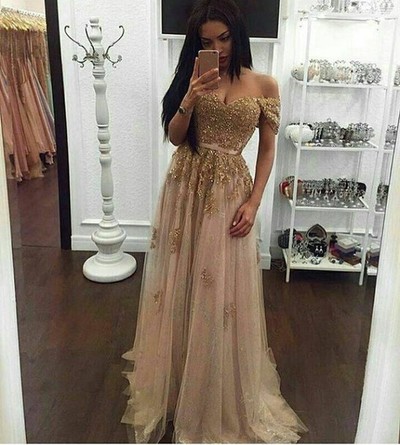 Fashion A-line lace off shoulder long prom dress,evening dress