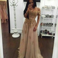 Fashion A-line lace off shoulder long prom dress,evening dress - Thumbnail 1