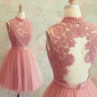 Blush pink lace bridesmaid dresses,homecoming  dresses - Thumbnail 1