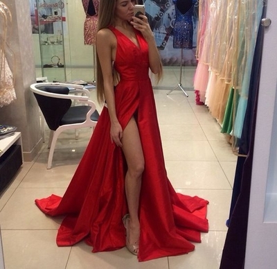  Simple red v-neck satin long prom dress,evening dress