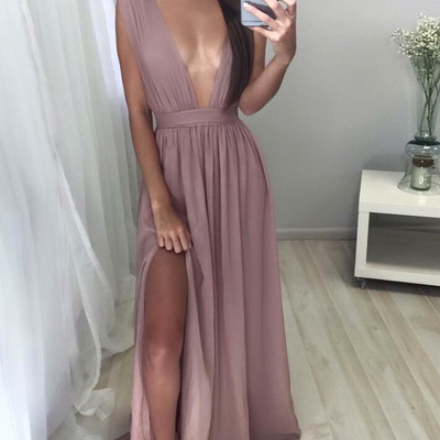 Simple a-line v-neck chiffon long prom dress,cheap dresses