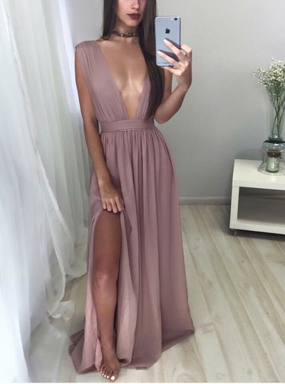 Simple A-line V-neck chiffon long prom dress,cheap dresses
