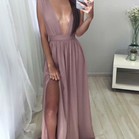 Simple A-line V-neck chiffon long prom dress,cheap dresses - Thumbnail 1