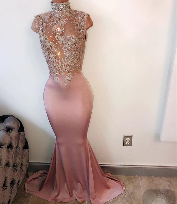 Mermaid  high neck lace sequin long prom dress, evening dress